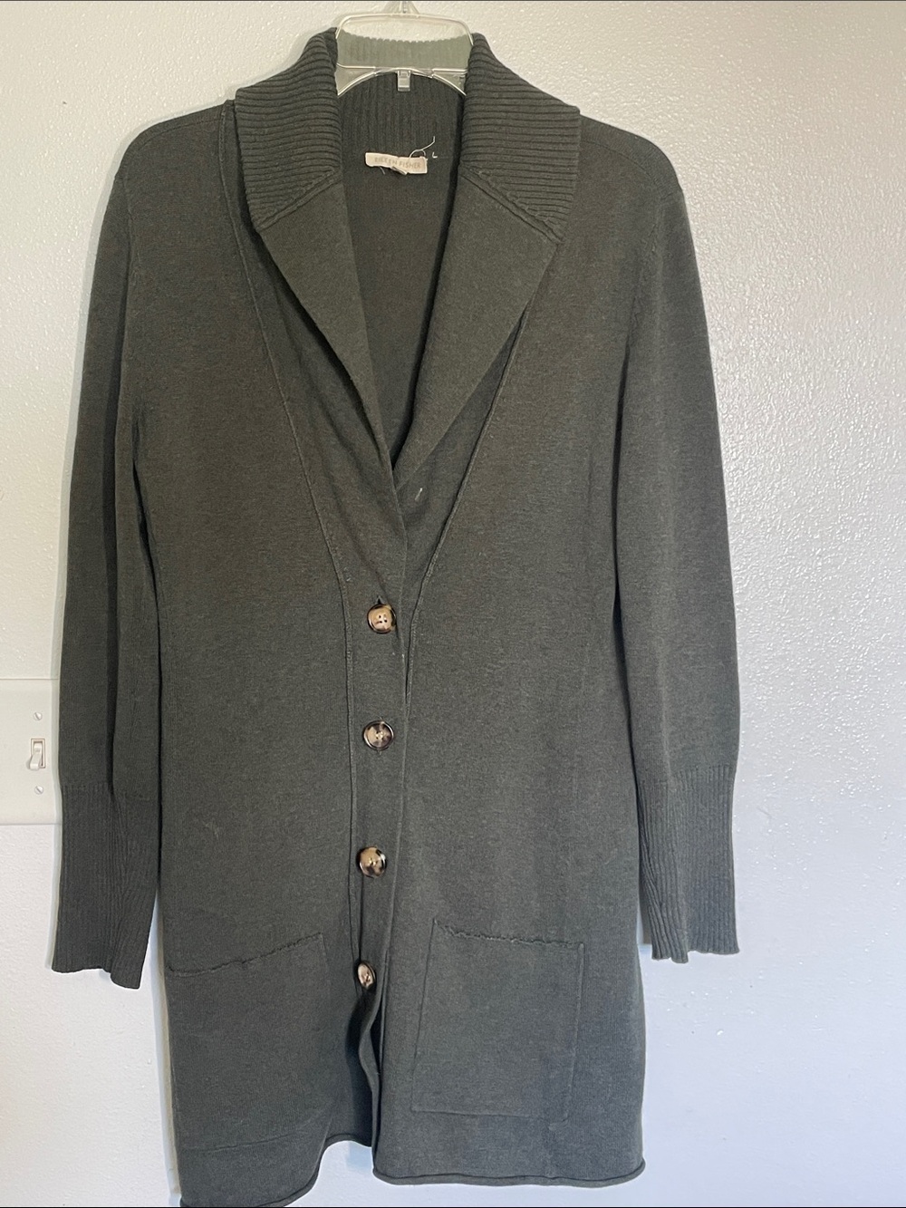 Eileen Fisher Olive Shawl-Collar Long Knit Cardigan Jacket